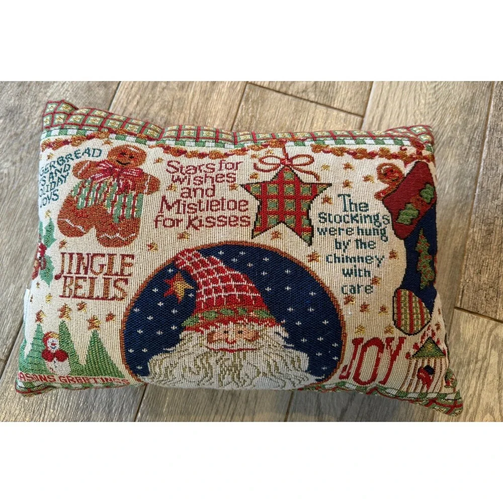 Vintage Tapestry Christmas Throw‎ Pillow Folk Art Accent Cottage Santa Holiday